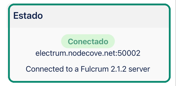 Bloque Estado de Blue Wallet indicando Conectado en electrum.nodecove.net puerto 50002