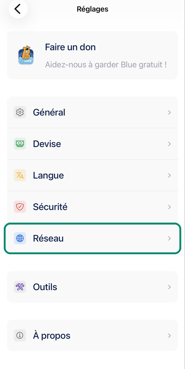 Écran Réglages de Blue Wallet, la ligne Réseau encadrée