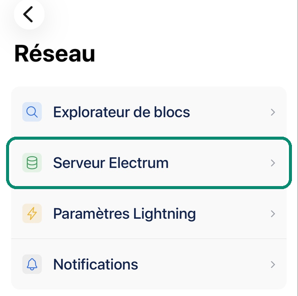 Écran Réseau de Blue Wallet, la ligne Serveur Electrum encadrée