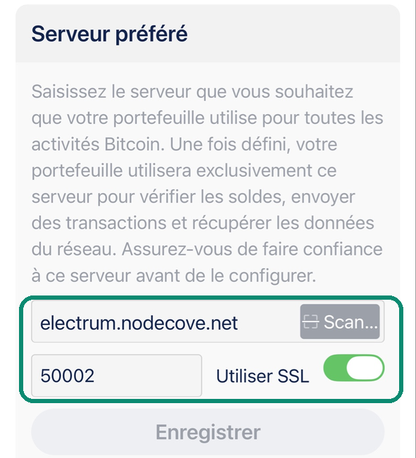 Écran Serveur préféré de Blue Wallet avec electrum.nodecove.net, le port 50002 et Utiliser SSL activé