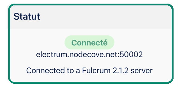 Bloc Statut de Blue Wallet indiquant Connecté sur electrum.nodecove.net port 50002