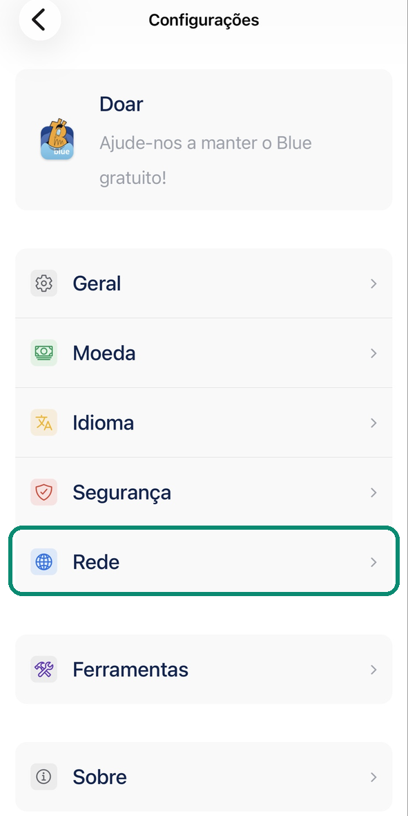 Tela Configurações do Blue Wallet, com a linha Rede emoldurada