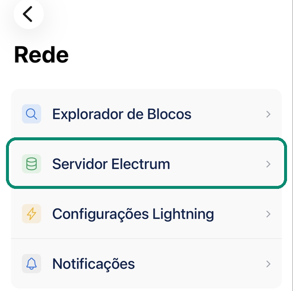 Tela Rede do Blue Wallet, com a linha Servidor Electrum emoldurada