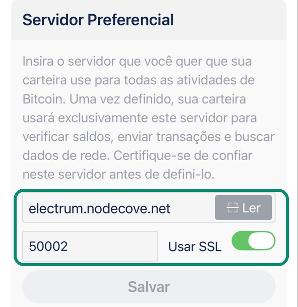Tela Servidor Preferencial do Blue Wallet com electrum.nodecove.net, a porta 50002 e Usar SSL ativado