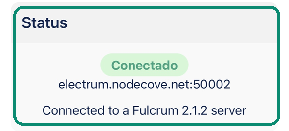 Bloco Status do Blue Wallet indicando Conectado em electrum.nodecove.net na porta 50002