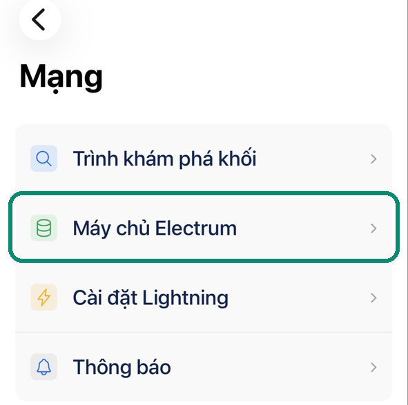 Màn hình Mạng của Blue Wallet, với dòng Máy chủ Electrum được đóng khung