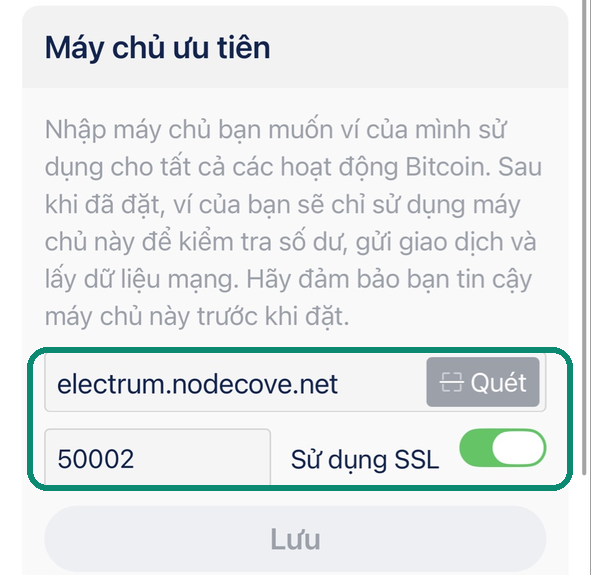Màn hình Máy chủ ưu tiên của Blue Wallet hiển thị electrum.nodecove.net, cổng 50002 và Sử dụng SSL đã được kích hoạt