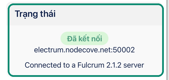 Khối Trạng thái của Blue Wallet hiển thị Đã kết nối tới electrum.nodecove.net trên cổng 50002