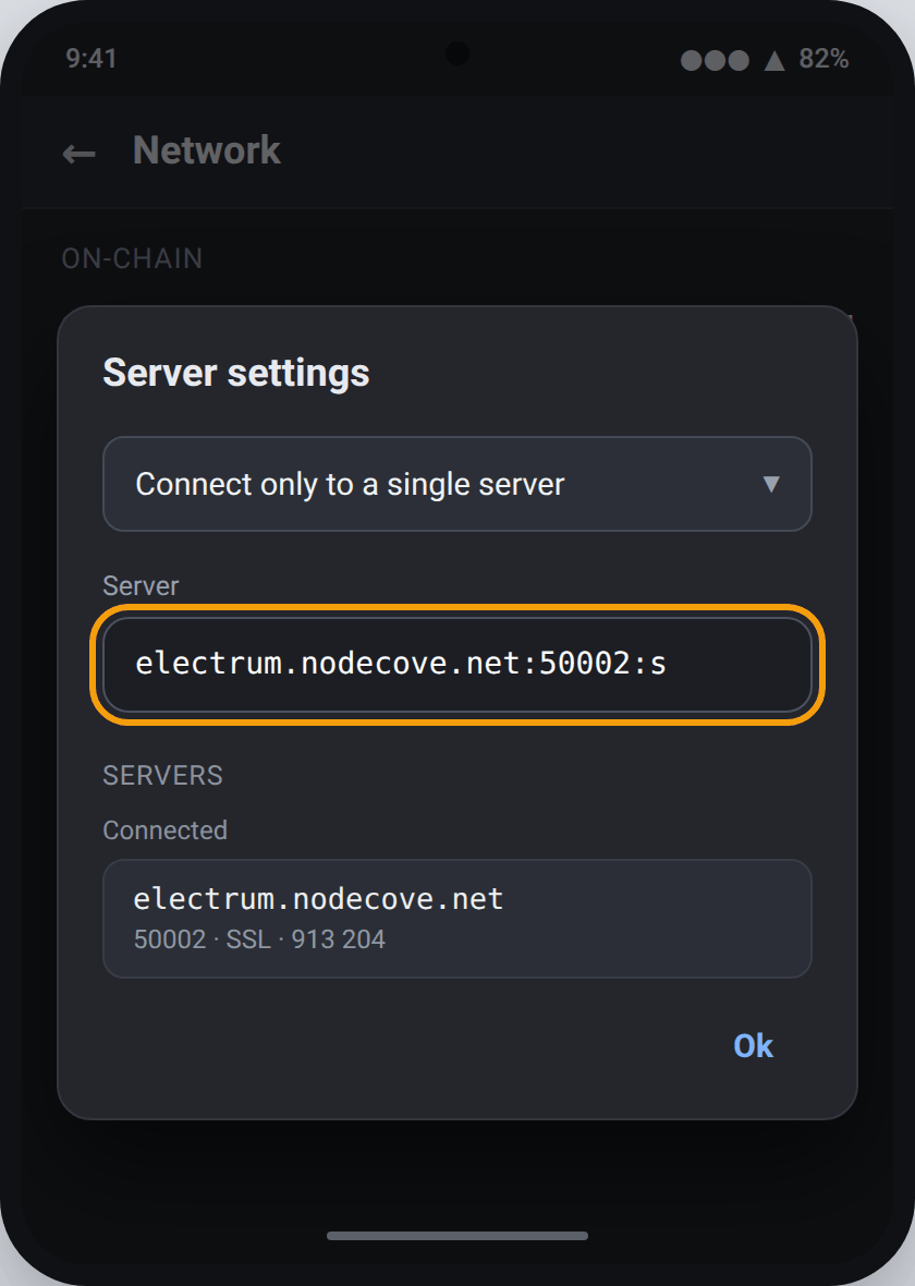 Electrum Server settings screen for Android, Connect only to a single server mode and Server field filled in