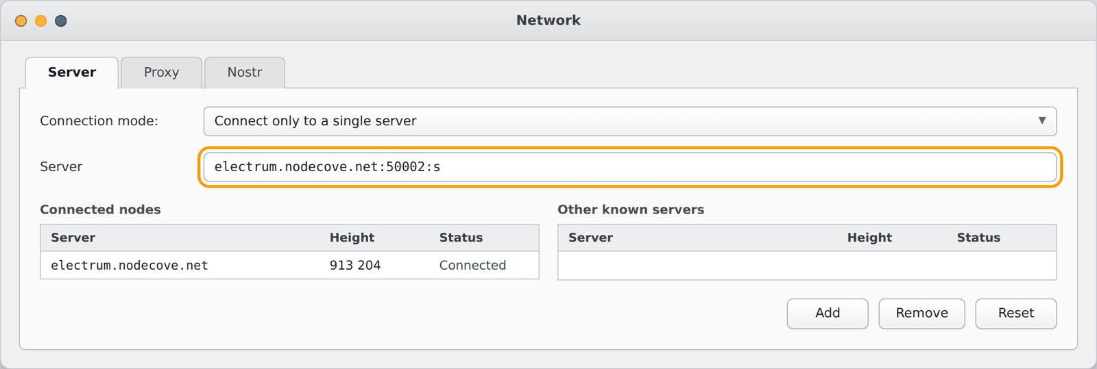 Electrum Network window, Server tab, Connect only to a single server mode and Server field filled in with electrum.nodecove.net:50002:s