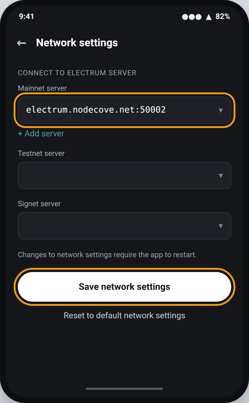 Nunchuk Network settings screen with the mainnet server filled in and the Save network settings button