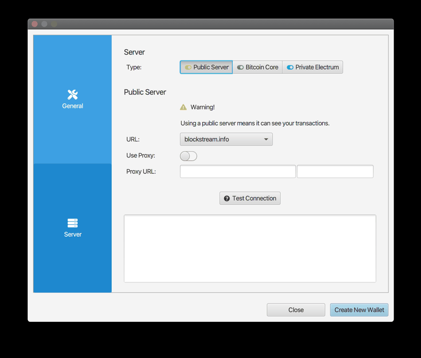 Sparrow Server window, with the three types Public Server, Bitcoin Core and Private Electrum, and the Test Connection button
