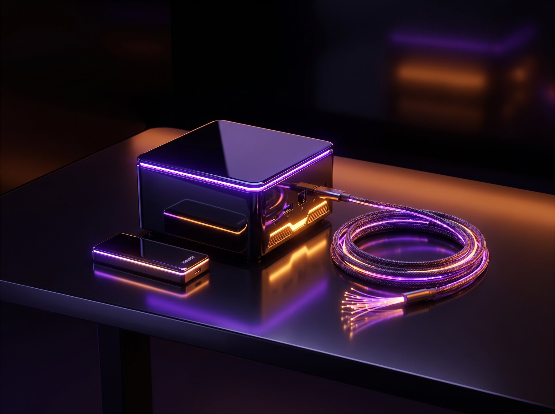 An open mini PC with memory sticks and an NVMe SSD laid out beside it