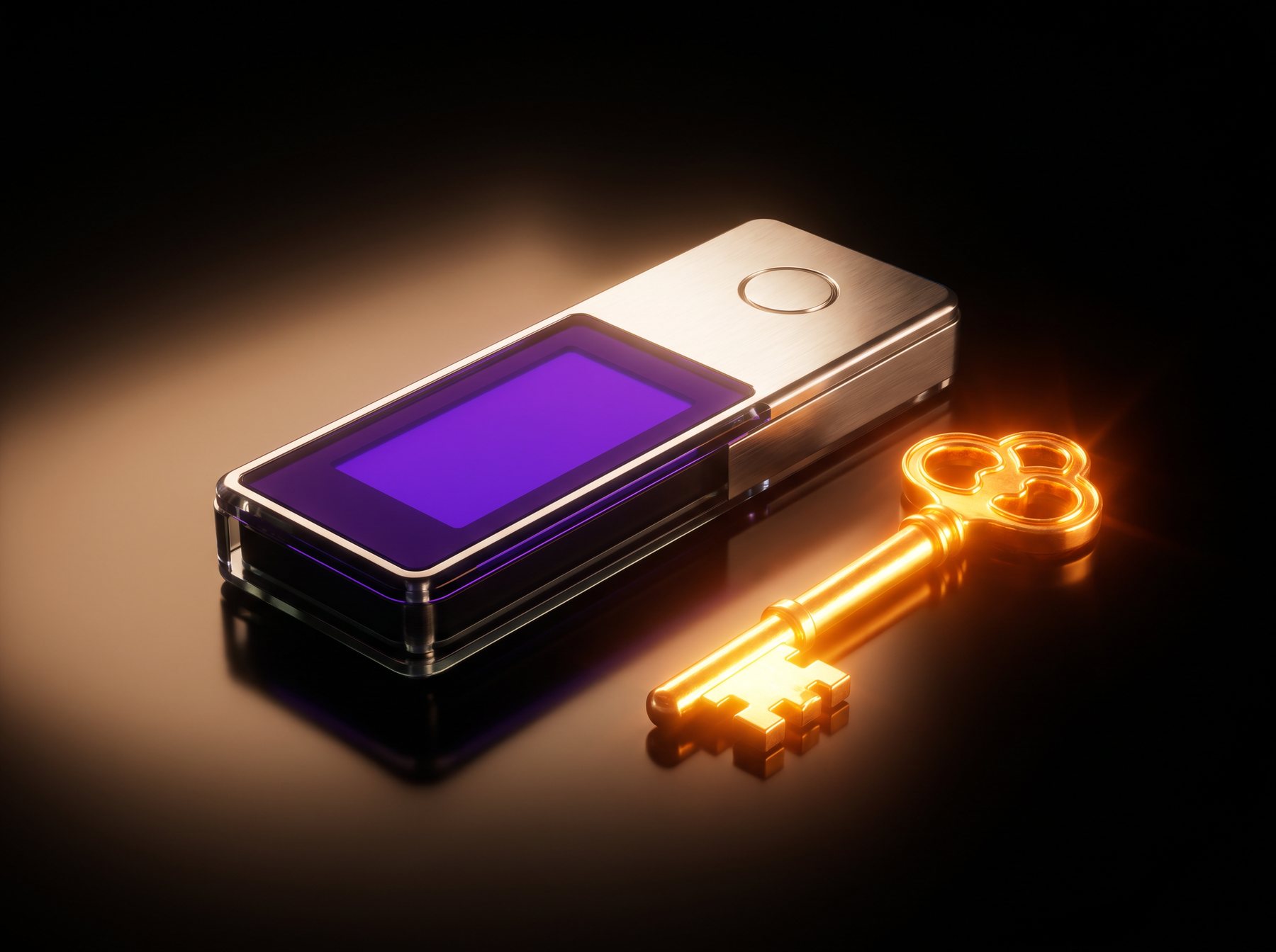 Engraved titanium plate and metal backup capsule, on a dark background