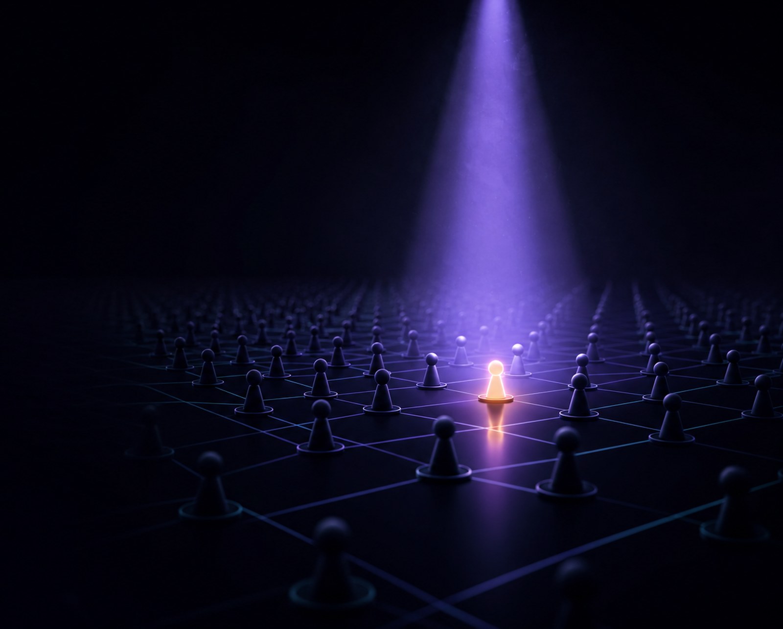 A single figure lit by a spotlight in the middle of a crowd left in the dark