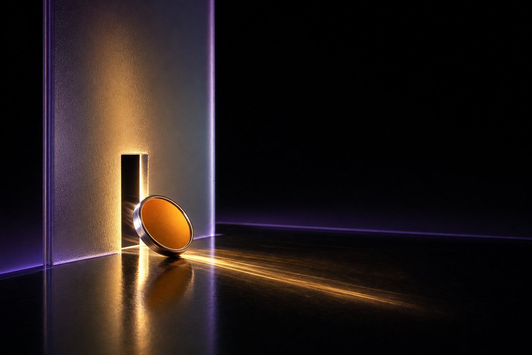 A smooth coin comes out of a counter slot and rolls into the darkness
