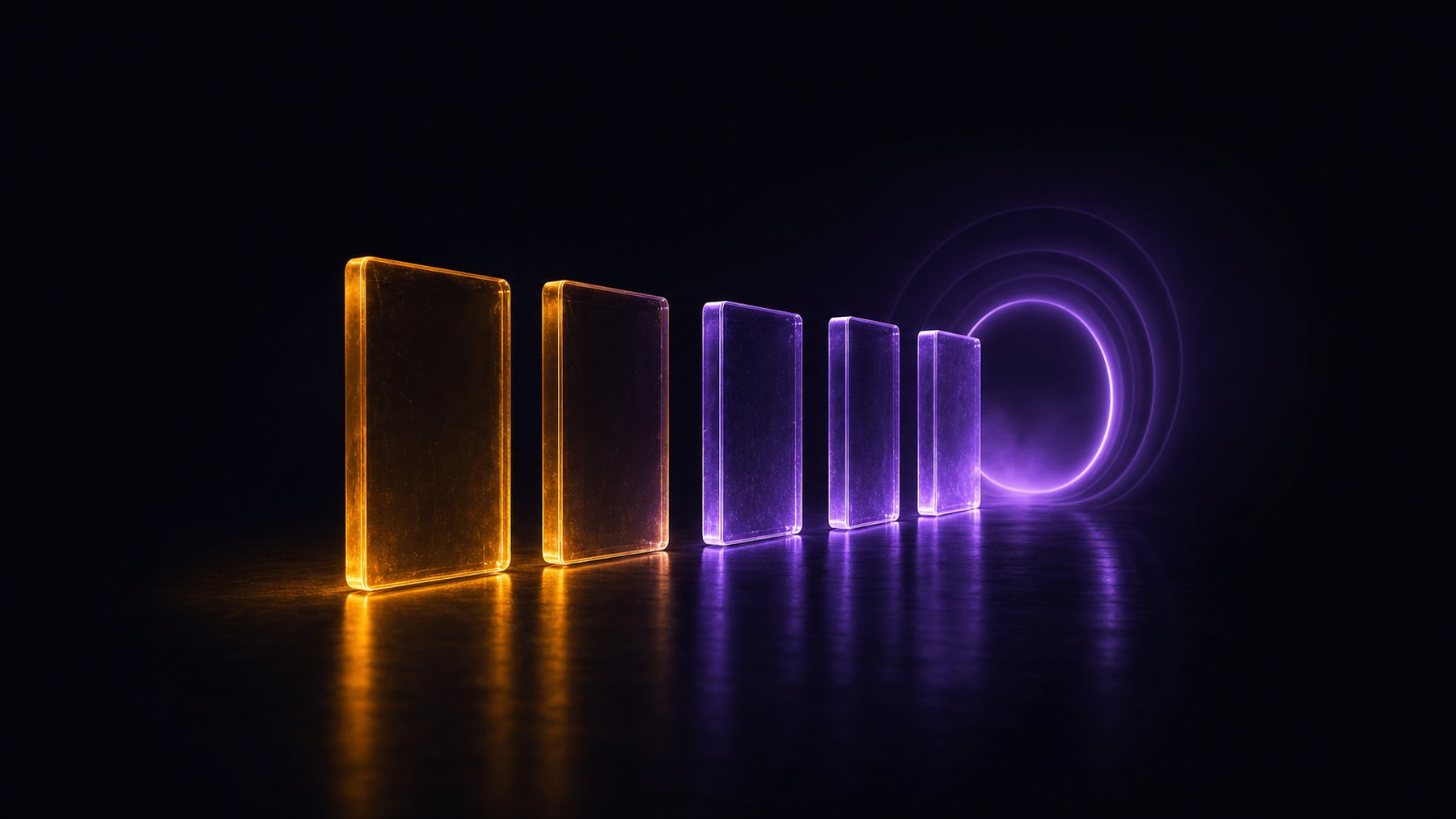 Five glass panels lined up, amber then violet, lead to a ring of light