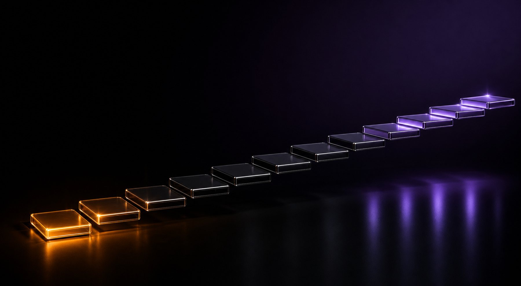 Seventeen glass tiles in a staircase, the first ones lit, the following ones still dark