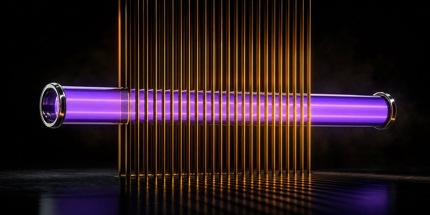 A violet glass tube passes through a curtain of light bars without being interrupted