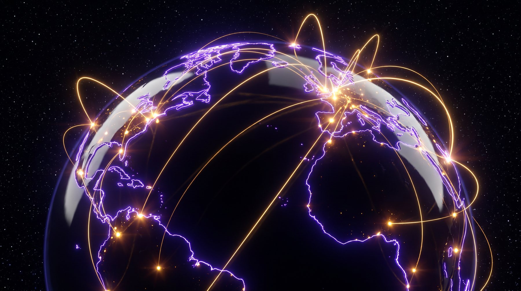 Dark world map with network cities lit up across several continents